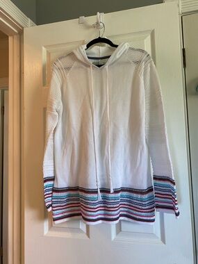 Athleta cotton crochet hoodie tunic with striped hem and sleeves